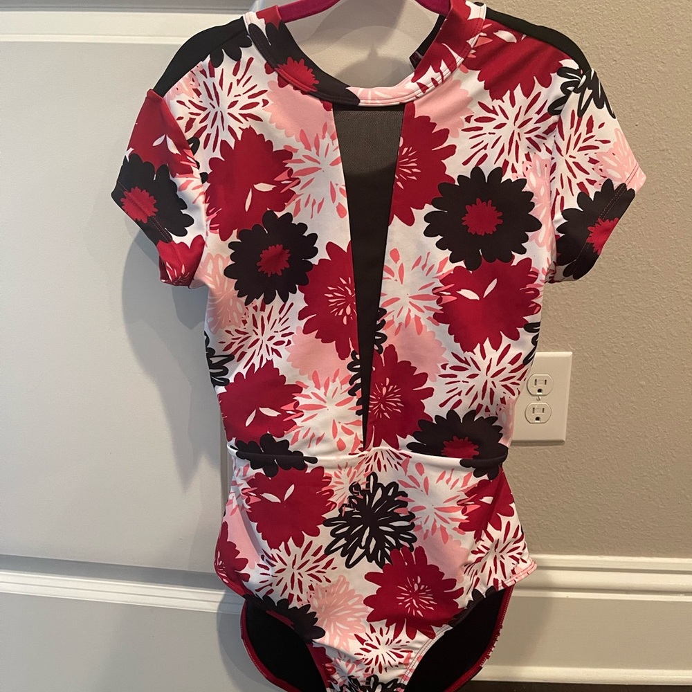 Ooh La La dancewear- Floral Short-Sleeve Swim One-Leotard- Red/Pink/Black